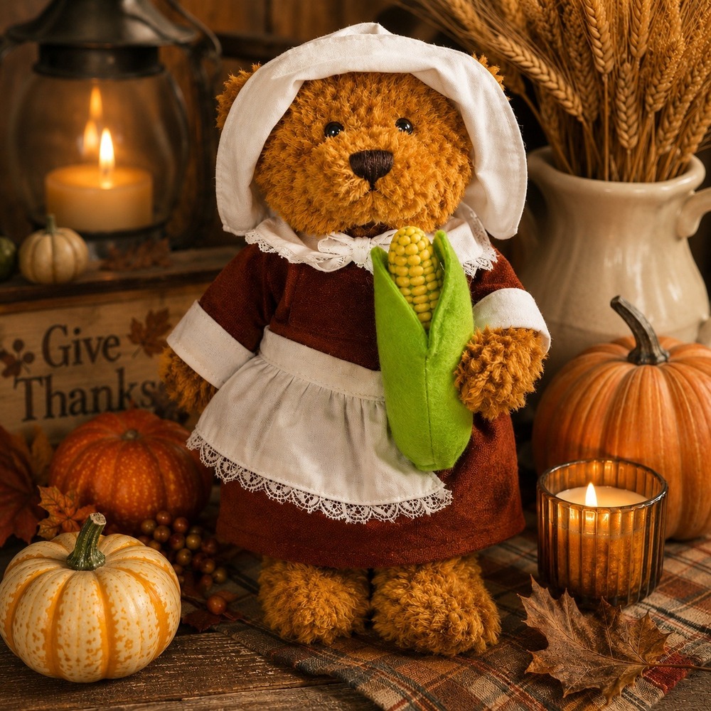 Vintage Teddy Bear Pilgrim Girl Corn Harvest Thanksgiving Plush Fall Decor